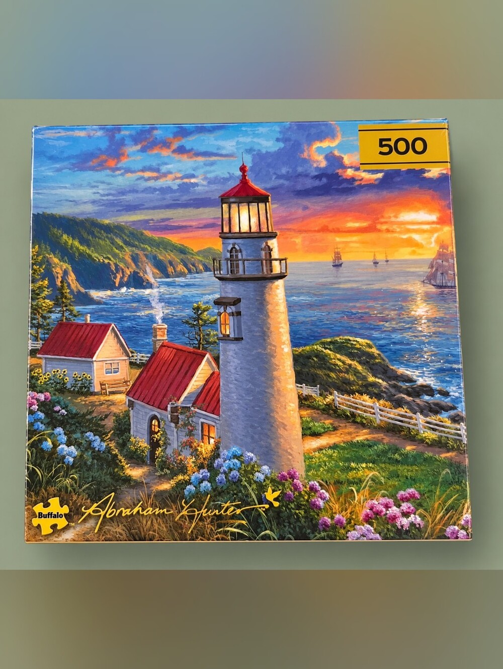 Buffalo Games Abraham Hunter Lighthouse 500 Piece Puzzle Coastal Sunset NEW